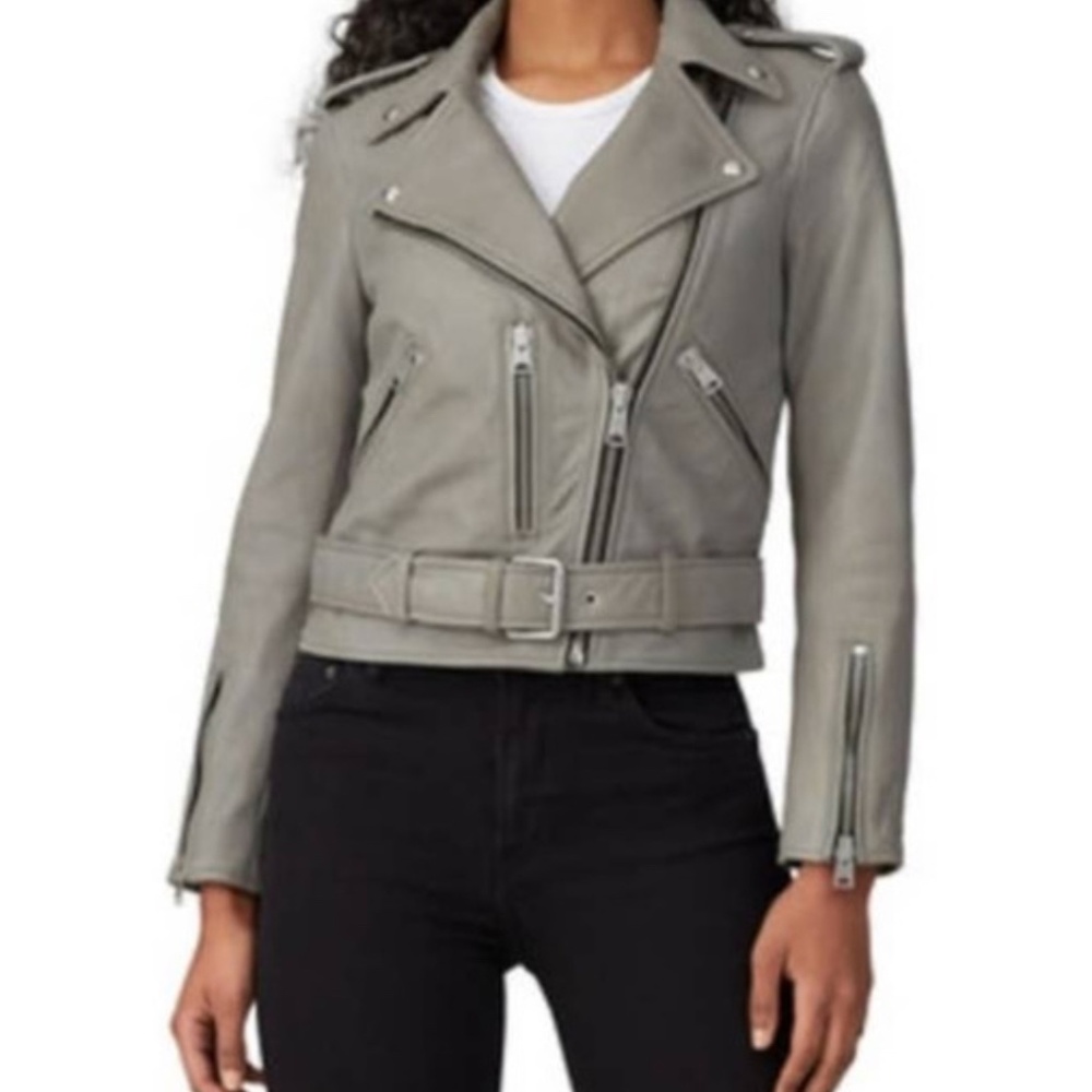 All Saints grey buttery leather jacket in grey size 2